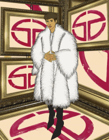 a drawing of a man wearing a white fur coat with a gd logo in the background