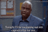 a man in a suit says " tonight i 'll be swapping out my captain 's hat for my ... "