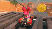 a cartoon character is driving a car with the letter d on the front