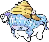 a cartoon drawing of a monster with a yellow hat on its head