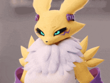 a yellow furry animal with purple ears and a white furry body