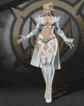 a woman in a white outfit is standing in front of a gold and black logo