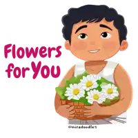 an illustration of a boy holding a basket of flowers with the words " flowers for you " above him