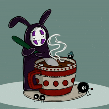 a cartoon of a bunny holding a spoon next to a cup of coffee