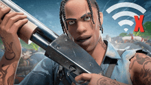 a man with dreadlocks is holding a shotgun with an x in the corner