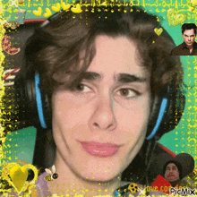 a man wearing headphones is surrounded by hearts and bees