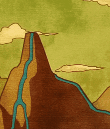 a cartoon drawing of a mountain with a river flowing through it