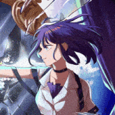 a drawing of a girl with purple hair standing in front of a broken mirror