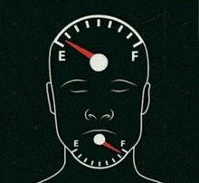 a drawing of a man 's head with a fuel gauge in the middle of it .