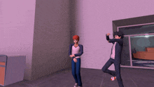 two anime characters are dancing in a room