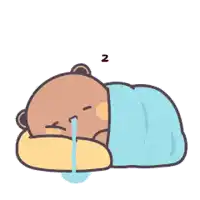 a cartoon of a teddy bear sleeping on a pillow with a tear coming out of his nose .