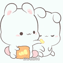 a couple of rabbits are sitting next to each other and one is eating a bag of chips
