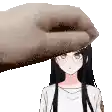 a hand is putting a hat on a girl 's head in a pixel art style .