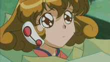 a close up of a cartoon character 's face with a red circle around her ear