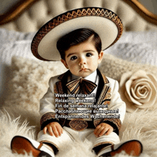 a little boy wearing a sombrero and a suit says weekend relaxant