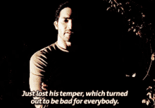 a man standing in front of a door with the words just lost his temper which turned out to be bad for everybody below him