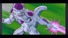 a cartoon character with purple hair is holding a knife in his left hand