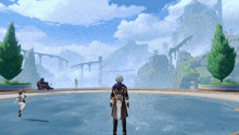 a video game screen shows a man standing in front of a pool