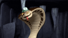 a cartoon snake is wearing a green hat and looking at the camera