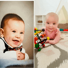 a baby in a plaid bow tie is smiling next to a baby in a pink dress playing with a toy