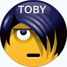 a smiley face with a purple hair style and the word toby on it
