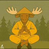 a moose wearing a chinese hat sits in a lotus position in front of trees