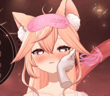 a girl with a sleep mask that says cat naps on it