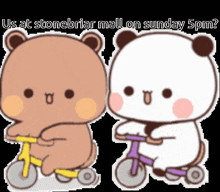 two teddy bears are riding bicycles in a cartoon with the words `` us at stonebriar mall on sunday 5 pm ''