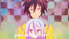 a couple of anime characters standing next to each other with the words gabo getting ciel written on the bottom right
