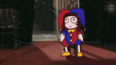 a cartoon character wearing a jester 's hat is standing in a dark room