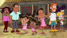 a group of cartoon characters are standing in front of a building
