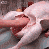 a person is peeling a turkey with their hands