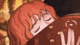 a drawing of a woman with red hair laying on a book