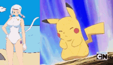 a cartoon of a woman in a bathing suit next to a cartoon of a pikachu sitting on a rock .