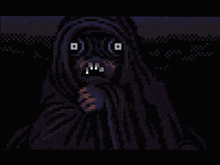 a pixel art drawing of a monster with a very scary face