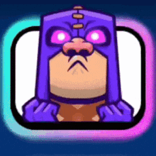 a cartoon character wearing a purple mask with purple eyes and a purple nose .