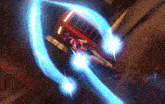 a woman in a red dress is laying on a bed with a blue light behind her