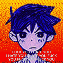 a pixel art drawing of a boy with blue hair and black eyes