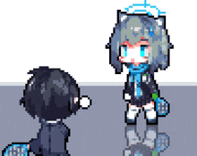 a pixel art of a boy and a girl talking