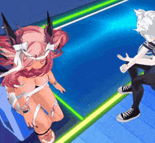 a girl with pink hair and a crown on her head is standing next to a boy wearing black sneakers