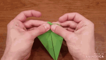 a person is holding a green origami object and the words made in animotica are visible