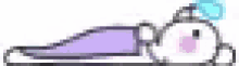 a cartoon character is laying on a bed with a purple blanket and a blue balloon .