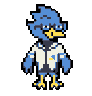 a pixel art of a blue bird wearing glasses and a jacket .