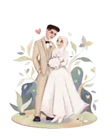 a bride and groom are standing next to each other in front of flowers
