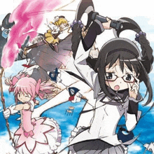 a group of anime girls are flying through the air while holding a broom .