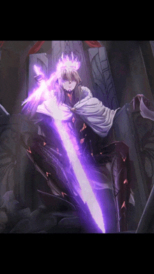 a purple sword is being held by a person in a white cape
