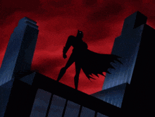 a cartoon of batman standing on a building with a lightning bolt in the background