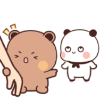 a brown bear and a white panda are standing next to each other .