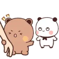 a brown bear and a white panda are standing next to each other .
