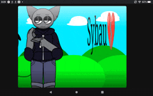 a screen shot of a cartoon character with the word syban on the bottom right
